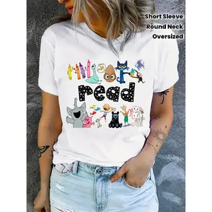Oversized Graphic Tee for Women - Playful I READ Book & Cat Design on White Round Neck Short Sleeve Top, Perfect for Book Lovers, Casual Summer Outfits, Library Visits & Themed Events