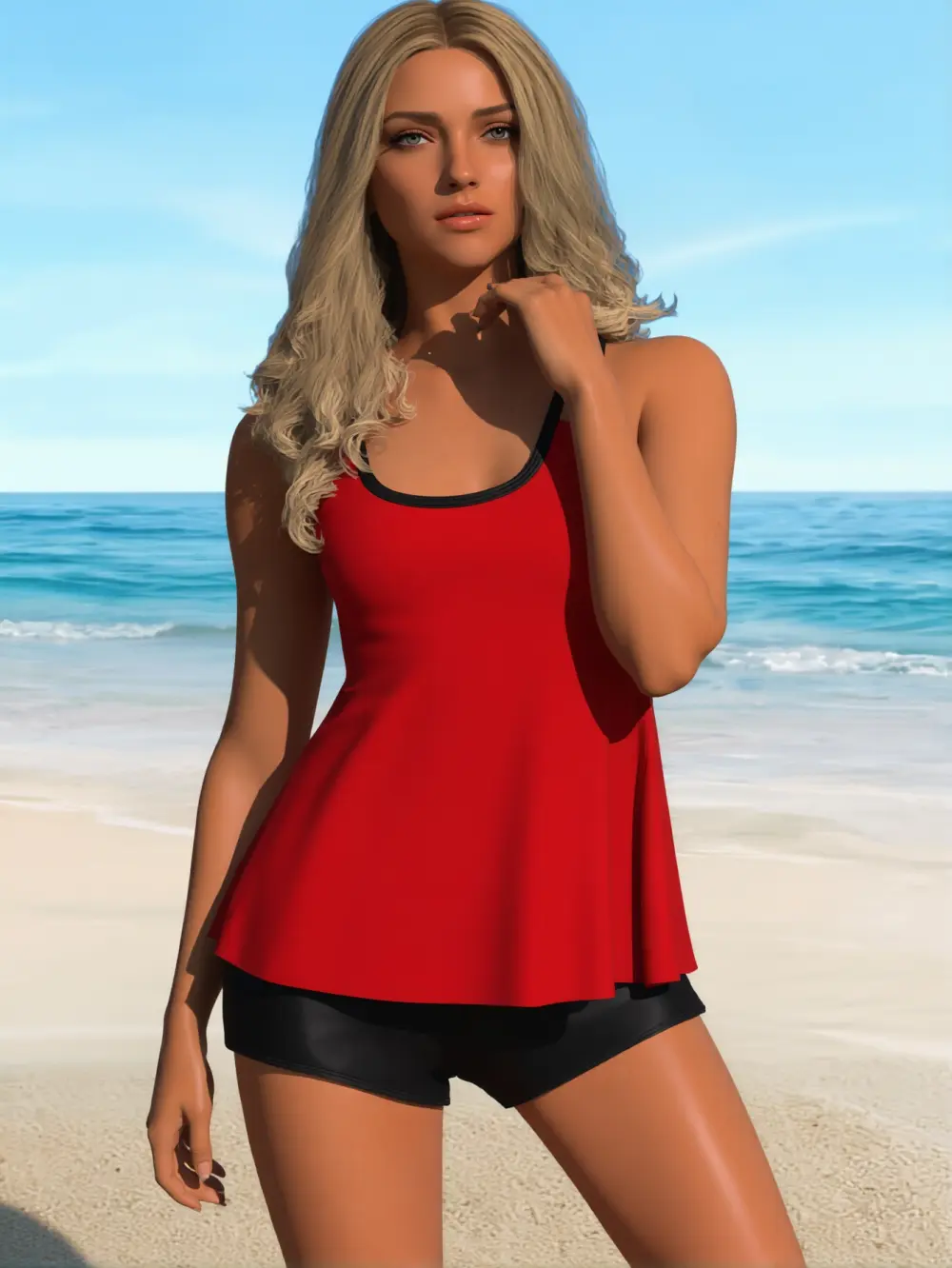 Women's Plus Size 2-Piece Red & Black Racerback Tankini Set, Flowy Top, High-Waist Shorts for Extra Coverage, Sports & Outdoor Swimwear