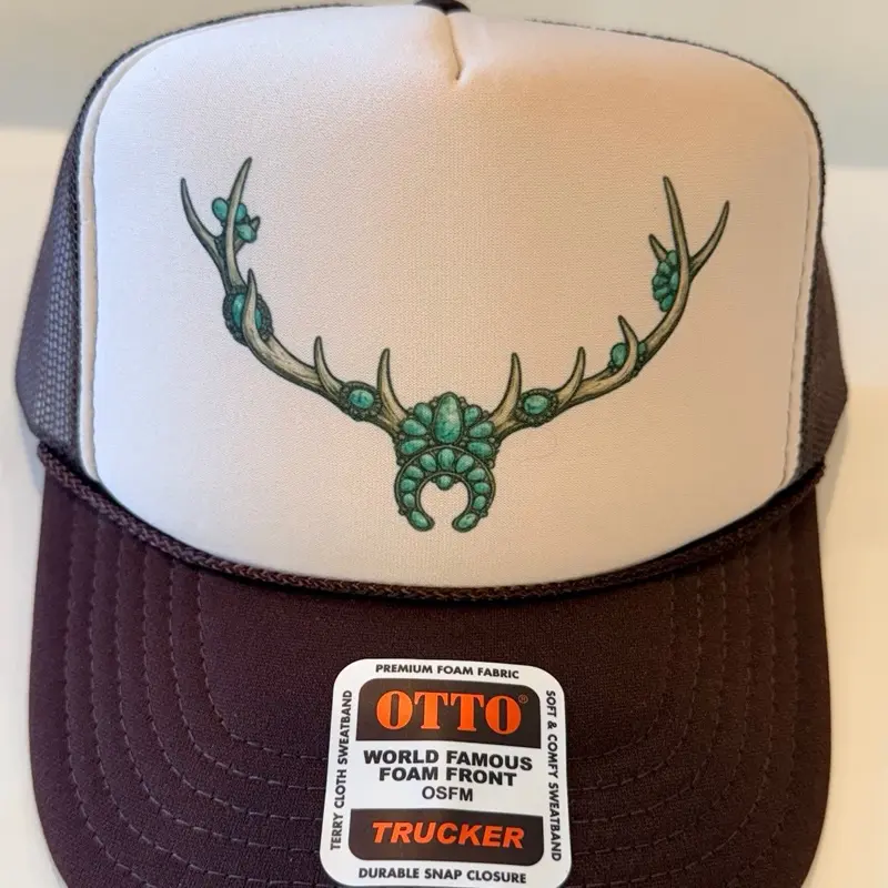 Turquoise, antler trucker hat