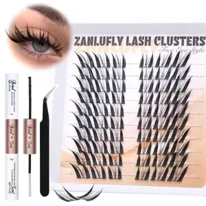 Lash Clusters Kit Fox Eye Manga Lash Extension Kit Natural Individual Lashes Kit Wispy Cat Eye DIY Eyelashes Clusters Extension Kit with Lash Bond and Seal Lash Applicator