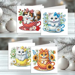 4-Piece Coffee Cup Cat Diamond Painting Greeting Card Set, DIY Kitten Theme Holiday Cards with Envelopes, Creative Gift for Birthdays & Special Occasions
