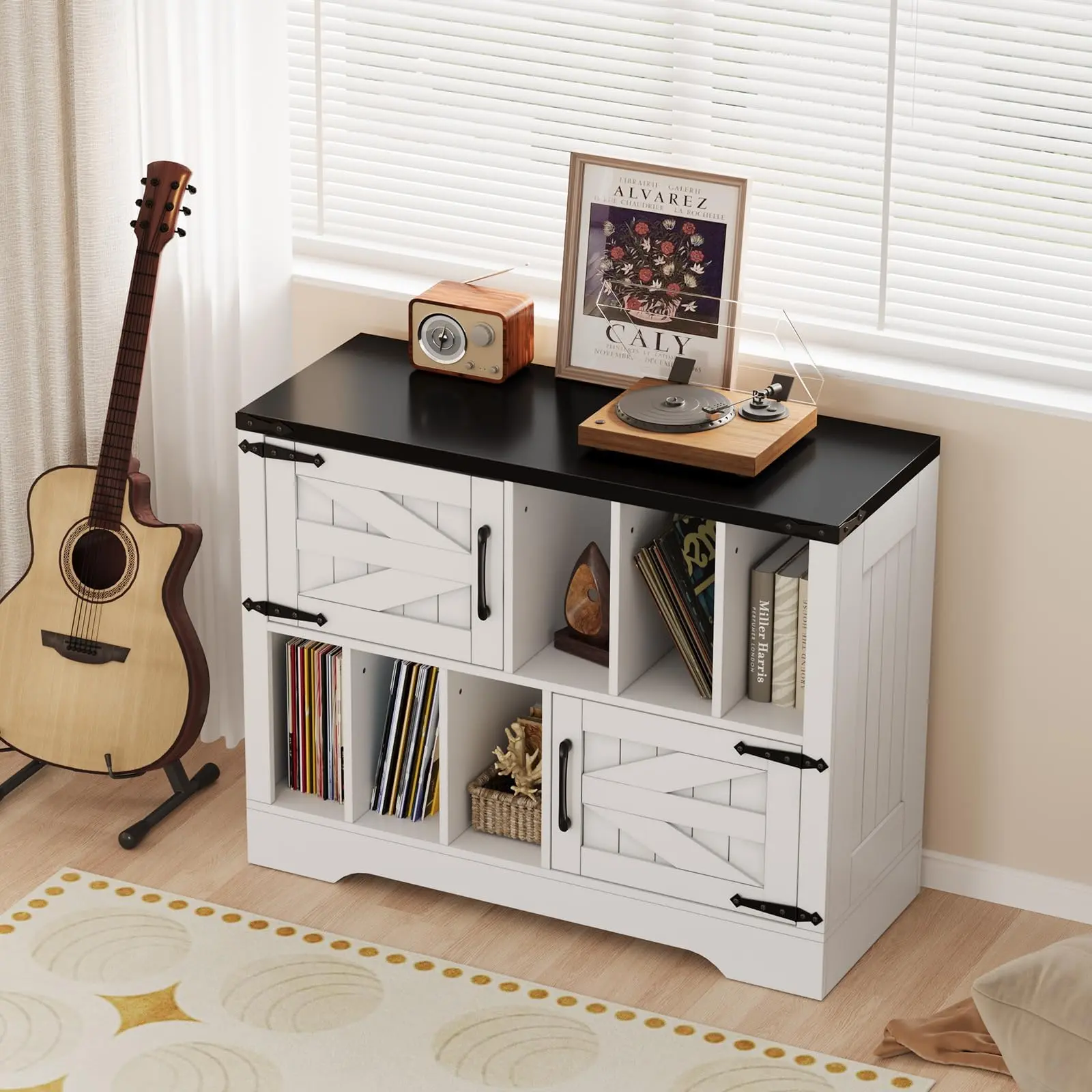 Garvee 39in Large White Farmhouse Record Player Stand with Vinyl Storage Cabinet, Featuring 2 Barn Doors and Wood Turntable Stand, Holds up to 450 Albums for Living Room or Office