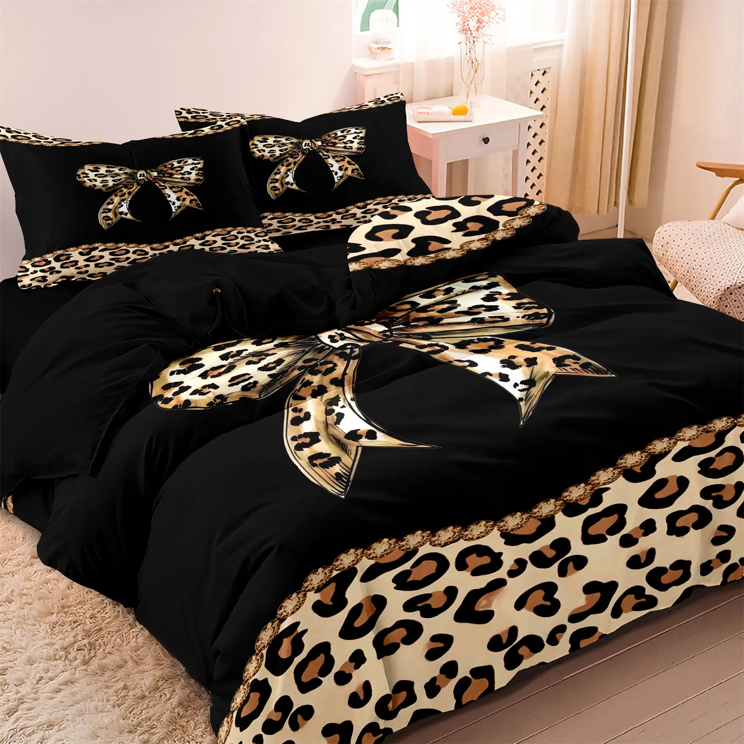 3pcs Leopard Bow Bowknot Print Duvet Cover Set, Leopard Bedding Set, Included 1 Duvet Cover + 2 Pillowcases, High-Definition Print For Home & Dorm, Dorm Essentials, Bedroom Set, Trendy Design, Machine Washable, Decorative Duvet Cover