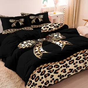 3pcs Fashion Leopard Bow Print Decorative Duvet Cover Set, 1 Duvet Cover + 2 Pillowcases (No Pillow Inserts), High-Definition Print For Home & Dorm, Dorm Essentials, Bedroom Set, Trendy Design, Machine Washable, Washable Covers, Bed Sets Supplies