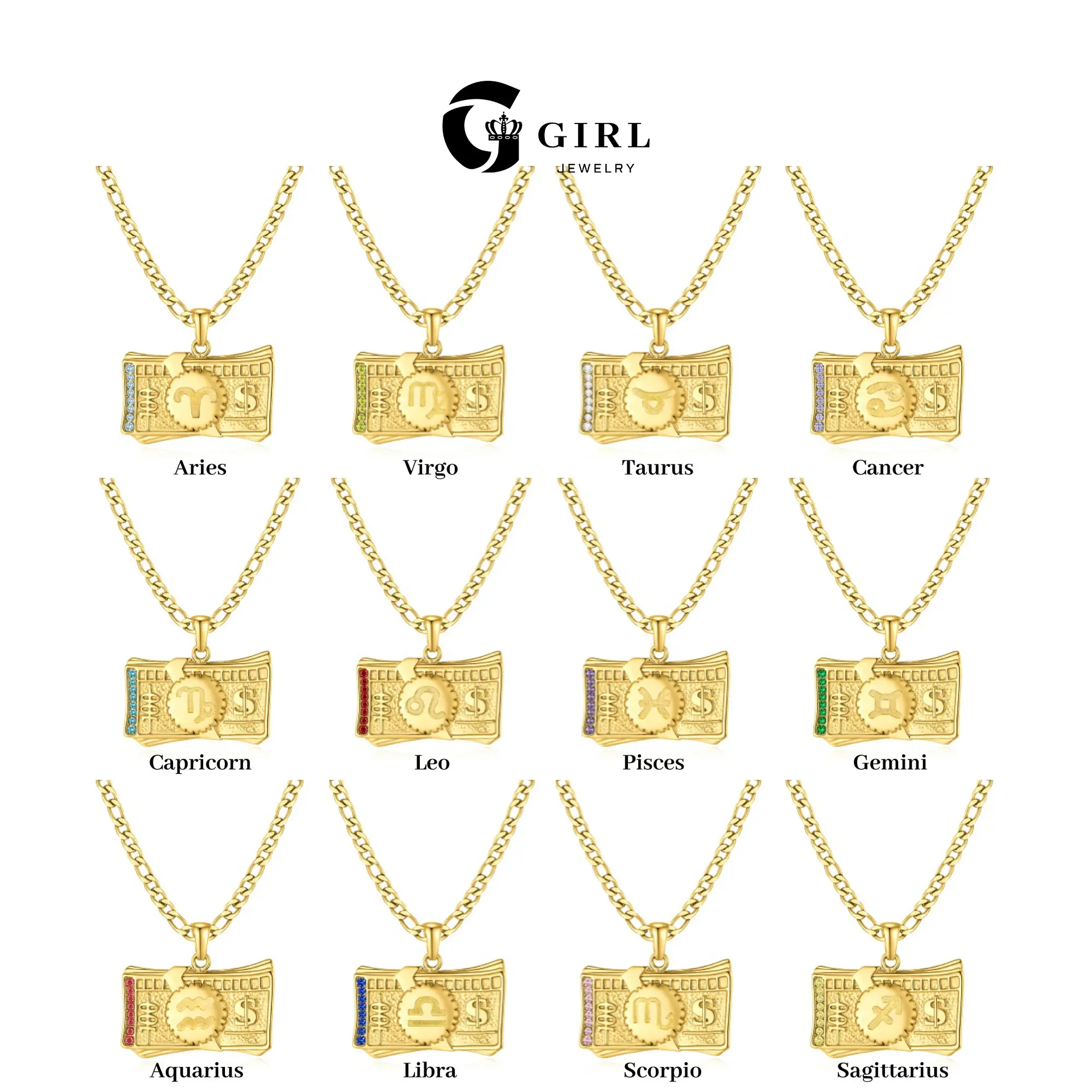 GGIRL Niche Design 12 Zodiac Sign Birthstone Pendant Necklace: 18k Gold-Plated, Unisex Style, Set With Cubic Zirconia. Elegant And Durable Design, Stylish And Versatile—The Perfect Gift For Christmas, Birthdays, And Anniversaries.