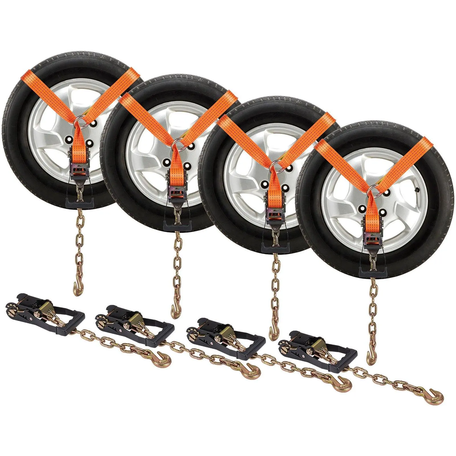 Ratchet Strap 4-Pack, 2-in x 120-in Lasso Style Polyester Cargo Trailer Straps with Heavy Duty Chain Hooks for Vehicle Transportation & Truck Accessories, Molded Grip, 120 Inch, 2X120 In, Metal Ratchet, Car Tie Down Straps