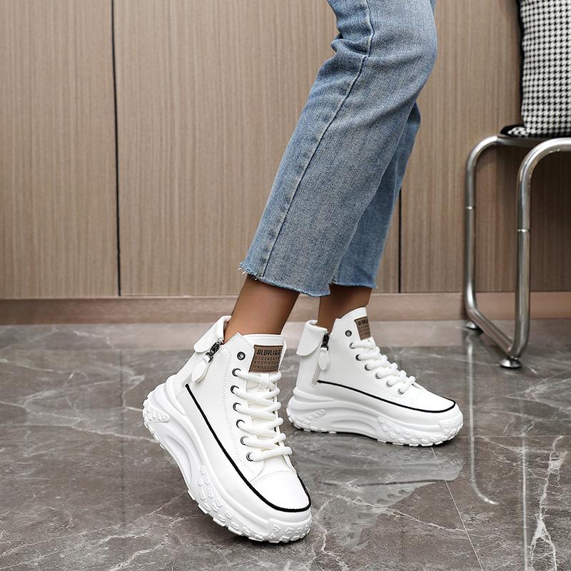 Women's height increasing high top Athletic - thick soled lace up sneakers, EVA/rubber sole, round toe and minimalist design | Four season casual street shoes with arch support | Solid color design, thick and comfortable and stable height increase