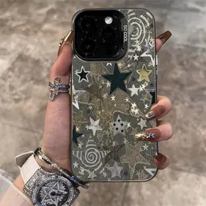 Retro Colorful Silver Stars Pattern Suitable for TPU Cases for Iphone 16 Pro Max, Compatible with Iphone 15 Pro Max/14/16 Plus/15/13 Pro/12/11/7/24 Pro/X/Xr/Xs Max, Stylish Business Drop-Resistant Case with PC Cover Smartphone