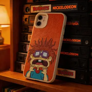 Cartoon Cute R-Rugrats Fun Phone Case for iPhone 16, 11, XR, XS Max, 12, 13, 14, 15 Plus Pro Max - Protective Shockproof Soft Back Cover with Orange Explosion Boy Design ~ Leather Texture Material - Perfect Couple Gift (580WC)