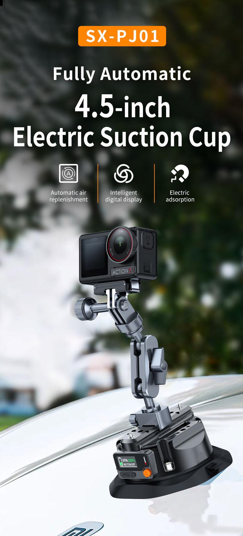 4.5-in Motorized Suction Cup Mount, Camera Stand with Display, Pneumatic Vacuum Design, 3 kg (6.6 lbs) Max Load, Compatible with Lightweight Cameras, Camcorders, Mobile Devices, Screen-Mounted Supports