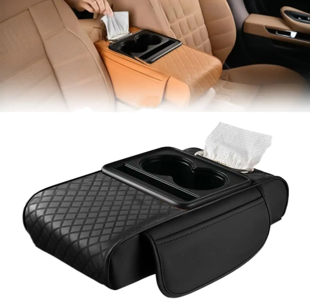 Center console armrest cover with cup holder, 2 storage pockets, tissue slot, and phone holder; faux leather armrest pad for universal car interior organizer (A - Black)