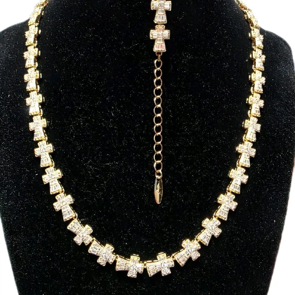 Elegant 14k Gold Plated Cross Set Chain 45cm & Bracelet 17cm Sparkling Rhinestone Accents Fashion Jewelry