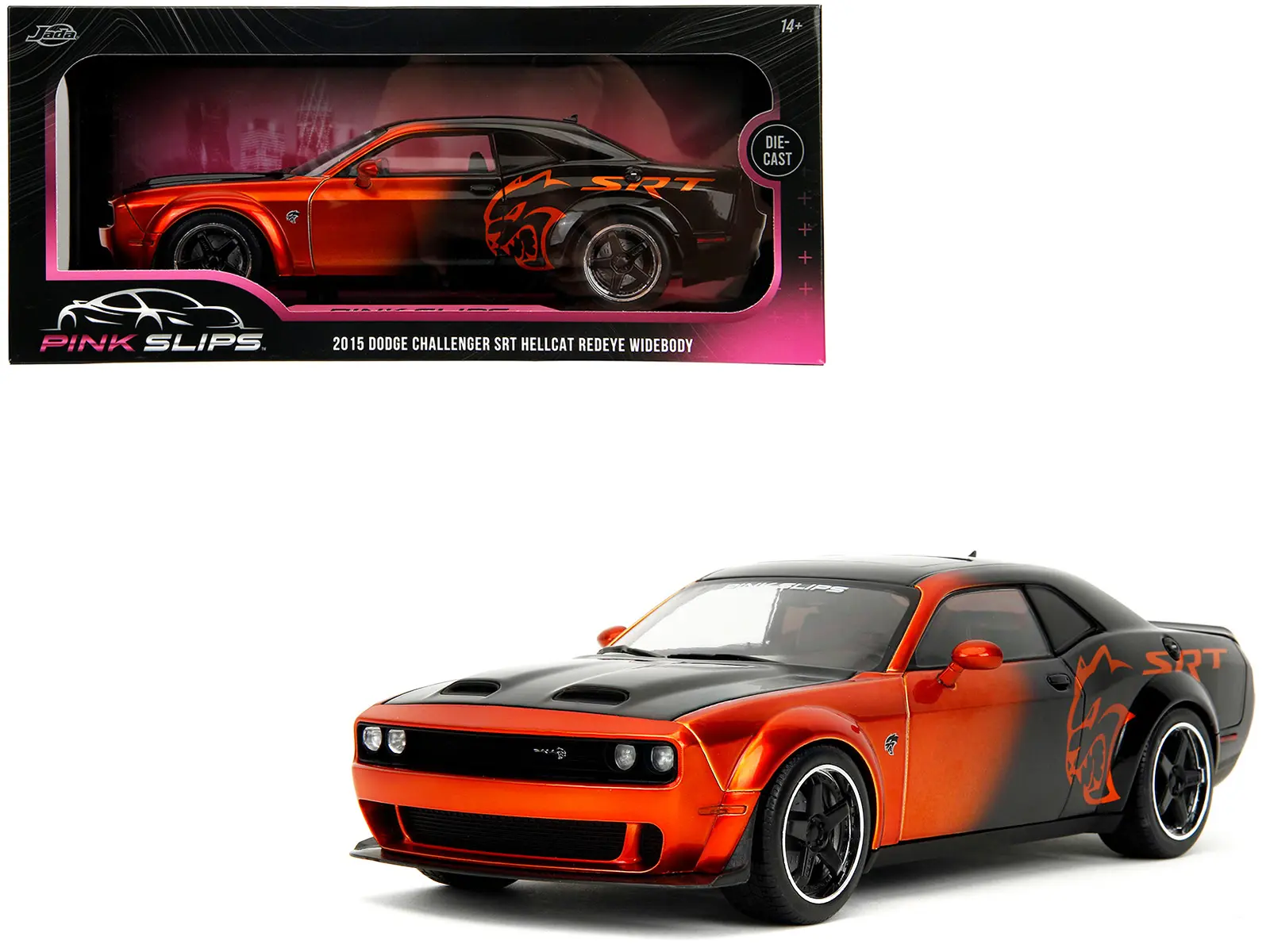 Dodge Challenger SRT Hellcat Orange Metallic & Black "Pink Slips" Series 1/18 Diecast Model Car by Jada