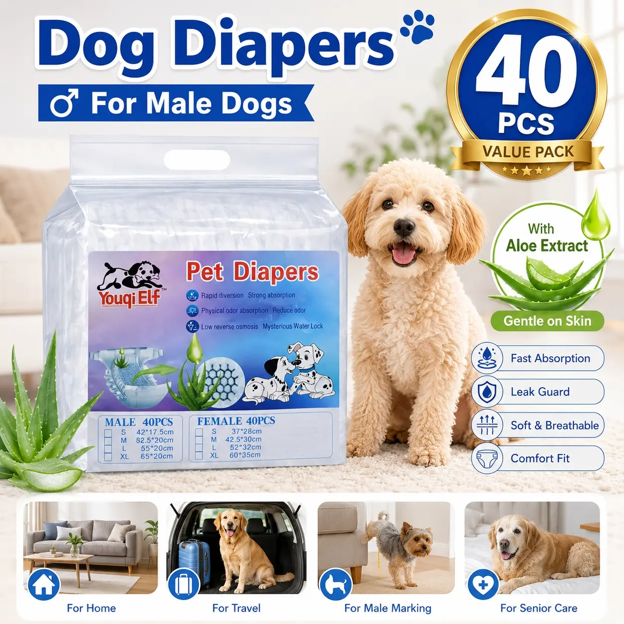 Youqi Elf Male Dog Diapers, 40 Count, Leak-Proof Puppy Diapers with Aloe Vera Infused Core, Gentle Balanced, Odor Control, S-XL size, Supplies
