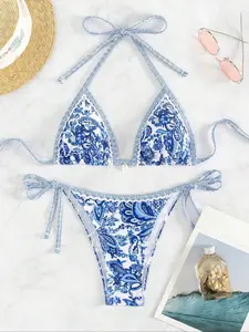 Women's Sexy Striped Bikini Set, Floral Print Bikini, Three-Piece Swimsuit, Fitted Design, All-Season Swimwear, Fashionable Beach Wear, Floral Bikini Bottom