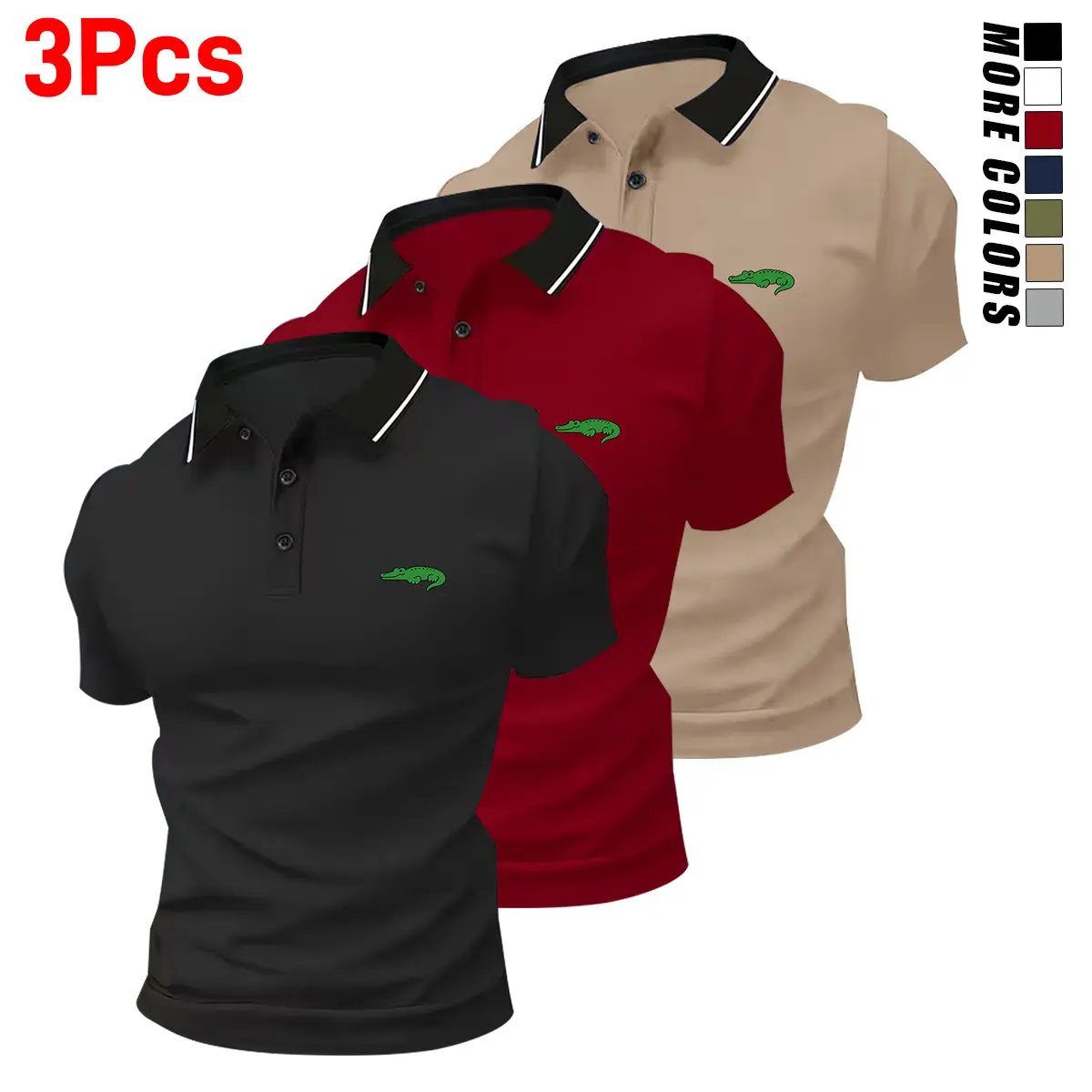 Men’s three-piece set of stylish polo shirts: casual solid-color and printed polos; comfortable, versatile fabric; regular fit; button closure; fashionable menswear; collared golf shirt; pullover business top for tennis training.