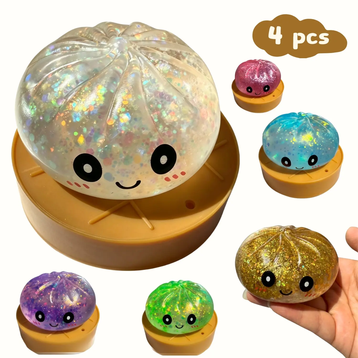 【4 PCS！！】Dumpling Squishy Toy, Glitter Dumpling Mystery Box, Colorful Steamed Bun Stress Relief Balls with SteamerBox, Anxiety Relief Fidget Sensory Toy, SoftSqueeze Decompression Dough for AdultsGifts, kid birthday gift、Office Desk Decordaysurprise gift
