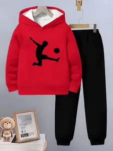 Boys Junior Football Print 3D Set, Hooded Sweatshirt and Pants Two-Piece Sweat Suit, Casual Fall Winter Kids Clothing Outfit Sets