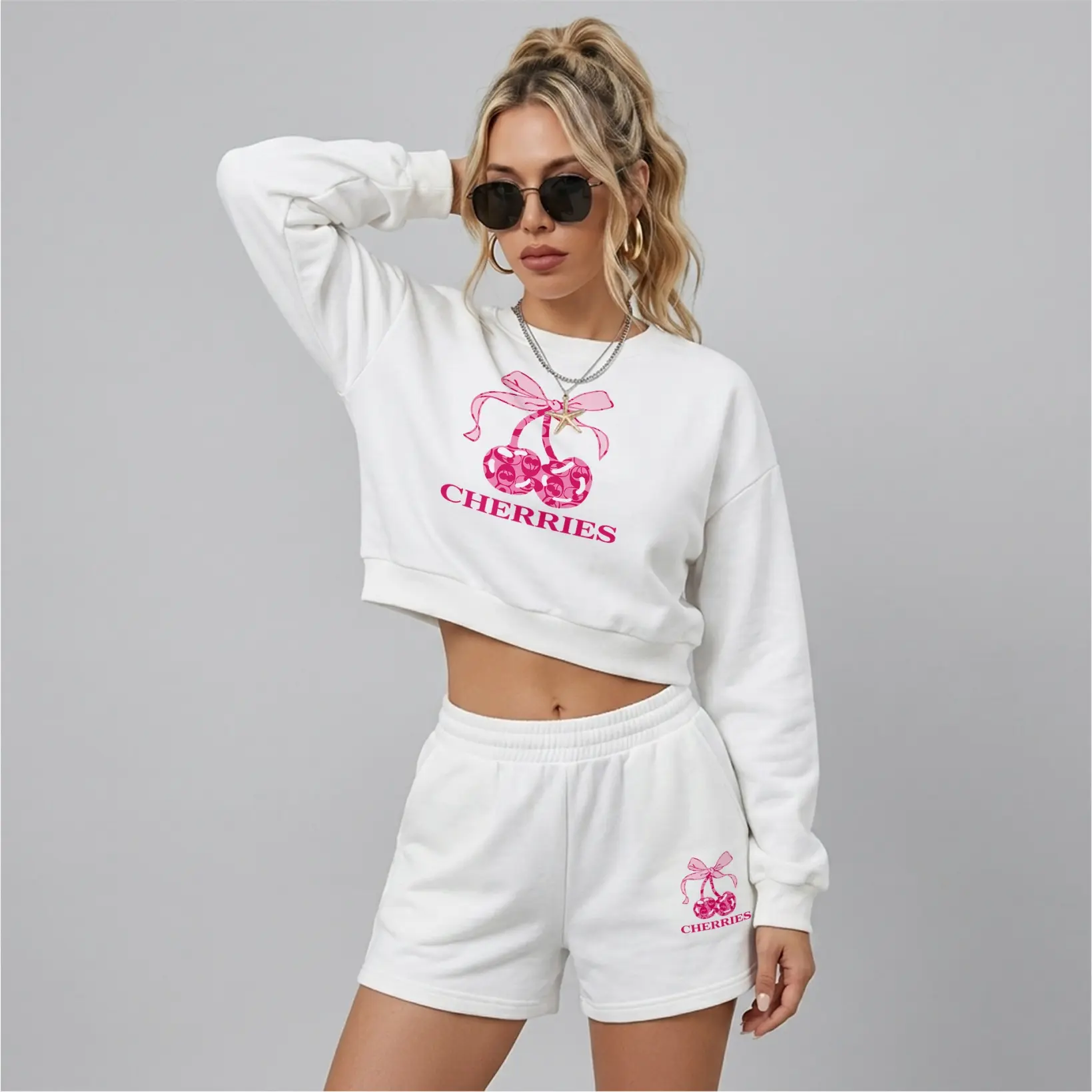 Women’s Bow Cherry Graphic Crewneck Short Sleeve Sweatshirt & Drawstring Shorts Set, Trendy Lounge Streetwear Matching Outfit