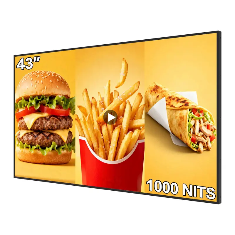 43Inch Wall Mount Digital Signage, 1000nits High Brightness Slim Frameless Advertising Display, Commerical Display LCD Monitor with CMS/U-Disk Plug&Play, Split Screen, 7/24 Timer switch