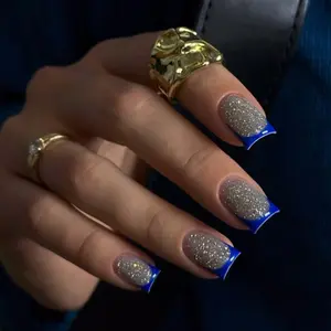 24pcs French Blue Nail Art Set, Silver Color Glitter & Blue Design, Short Square Fake Nails, Easy Wear Manicure Kit