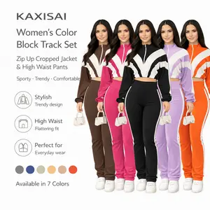 Women’s Color Block Track Set – Zip Up Cropped Jacket & High Waist Pants Casual Two Piece Outfit Streetwear Set in Polyester Blend Fabric for Daily Wear - Womenswear