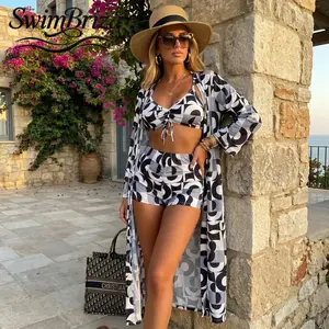 Briza｜Women's Ruched Black White Abstract Bikini Set with Swim Shorts High Waisted Two-Piece Swimsuit Beachwear Summer Vacation Resort Swimwear Cover Up, Women's Swimwear, Bathing Suit for Women, Two Piece Bathing Suit, Cover Up Swimwear