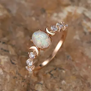 Women's Bohemian Vintage Rose Gold-Tone Star and Moon Ring - Oval Copper Band with Synthetic Cubic Zirconia, Daily Wear, Valentine's Day Gift