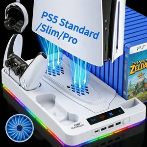PS5 Cooling Station for Standard/Slim/Pro Console,Vertical RGB Cooling Braket with Dual Controller Charging Base for PS5 Disc&Digital Verson,PS5 Accessories