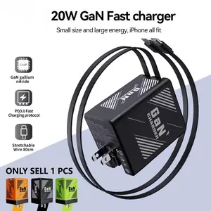 SIFOX GAN Fast Charger - Type-C + Lightning Dual-Port Extendable Charging Cable with Hidden Folding Plug Design. Compact and portable. Compatible with multiple devices including iPhones, Android phones, tablets, game consoles, smartwatches, etc.