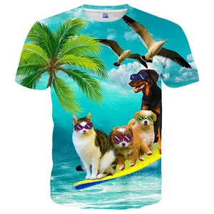 Unisex Cat & Dogs Wearing Sunglasses Surfing on Yellow Surfboard with Palm Tree, Seagulls & Ocean Beach Scene T - Shirt – Ideal for Summer Beach Vacation, Casual Daily Wear for Adults