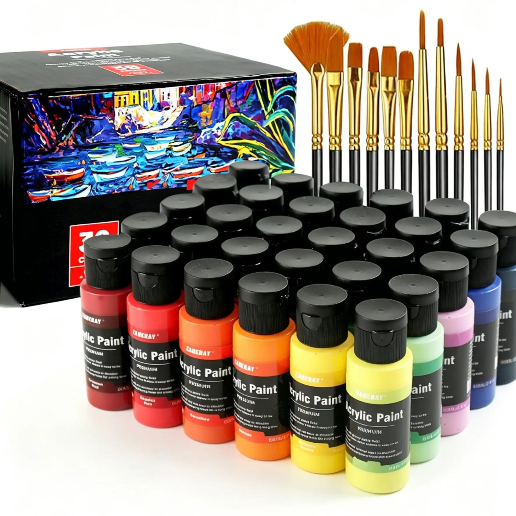 Classic 24-Color Acrylic Paint Art Set, 2 oz/Bottle (24 Pack) with 12 Art Brushes, Rich Pigment Supplies for Canvas, Wood, Adults & Artists, Art_set