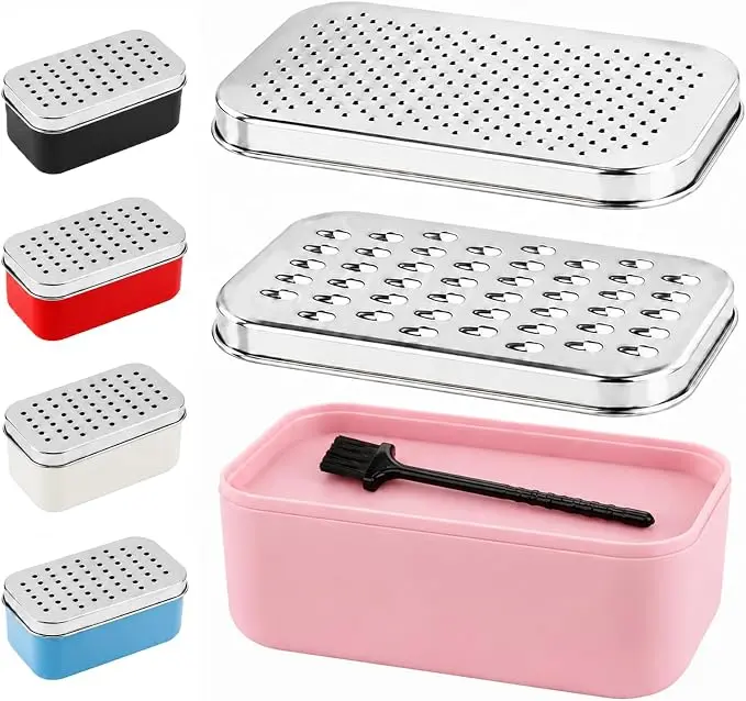 Stainless Steel Cheese Grater with Storage Container – 2-Sided Fine & Coarse Grater, Non-Slip Base, Lemon Zester with Cleaning Brush, Pink