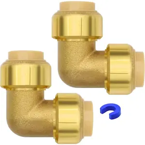 2 Pack Push-to-Connect Plumbing Fittings, 1/2" Pushfit Elbow Fittings with Disconnect Clip for Copper, PEX, CPVC Pipe (1/2" Elbow, 2)