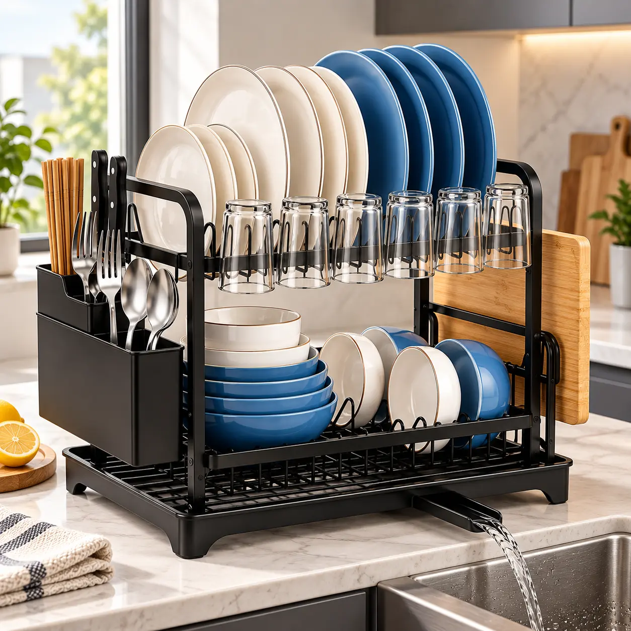 2 Tier Dish Drying Rack for Kitchen Counter, Large Black Dish Drainer with Drainboard Spout, Utensil Caddy, Cup Holders, Knife Slots & Cutting Board Rack, Space-Saving Sink Organizer