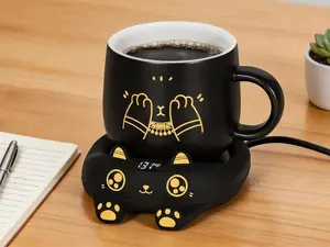 Desk coffee warmer with 3 temperature settings and auto shut-off. Electric heating plate keeps coffee, tea, milk and cocoa warm. Cup not included.