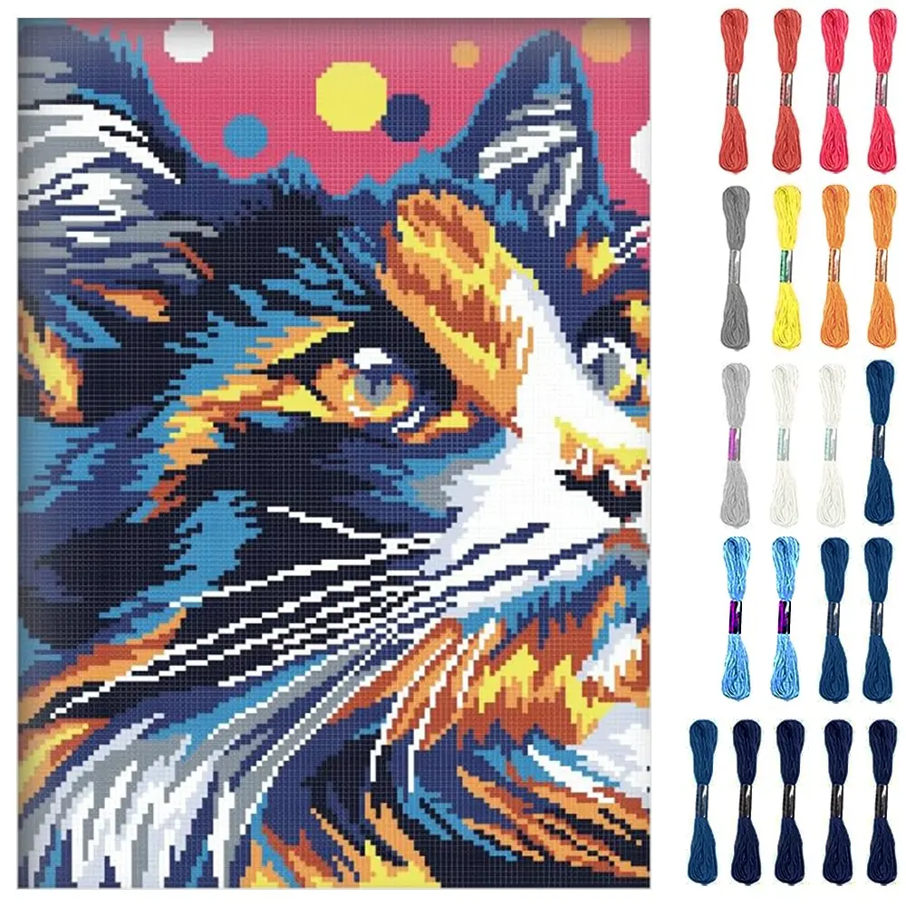 Pop Art Cat Cross Stitch Kit, DIY Craft Set for Beginners, Includes Fabric, Threads, Tools, Perfect for Home Decor and Gifts