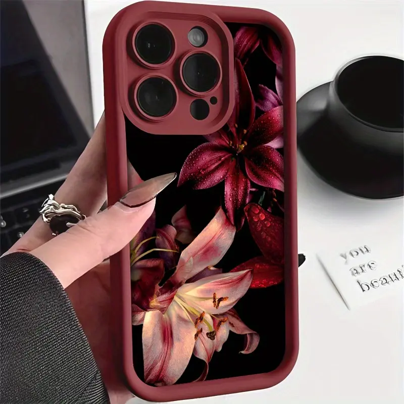 Dark Aesthetic Wine Red Lily Pattern 2D Printing Silicone Smartphone Case - Form-Fit Shell, Shockproof Edge TPU Casing, Waterproof, Non-Slip Cellphone Accessory for iPhone 17 Pro Max,16,16e,15,14 Plus,13,12 Mini,11,Air,X,XS