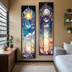 Sun Moon Flowers Vertical Banner Tapestry Wall Hanging Fantastic Stars Landscape Long Narrow Wall Tapestry Golden Aesthetic Art Tapestries Ideal Gifts for Home Decor Enthusiasts Polyester Stitched Edges Wall Decor for Bedroom Living Room