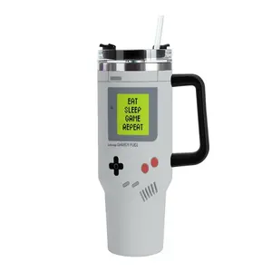 Retro Game Boy Themed 40oz Insulated Stainless Steel Tumbler - Eat Sleep Game Repeat Design, Kitchenware Drinkware Vacuum Flask Travel Mug With Handle, Lid & Straw