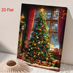 1 Piece Framed Canvas Wall Art - Christmas Tree Lights and Ornaments, Red Green Gold Holiday Decoration, Snow Scene Window and Gift Box Scene - Living Room, Bedroom, Office Ready-to-Hang 2D Flat Oil Painting, Christmas Theme Room Decoration Canvas Art, Pe