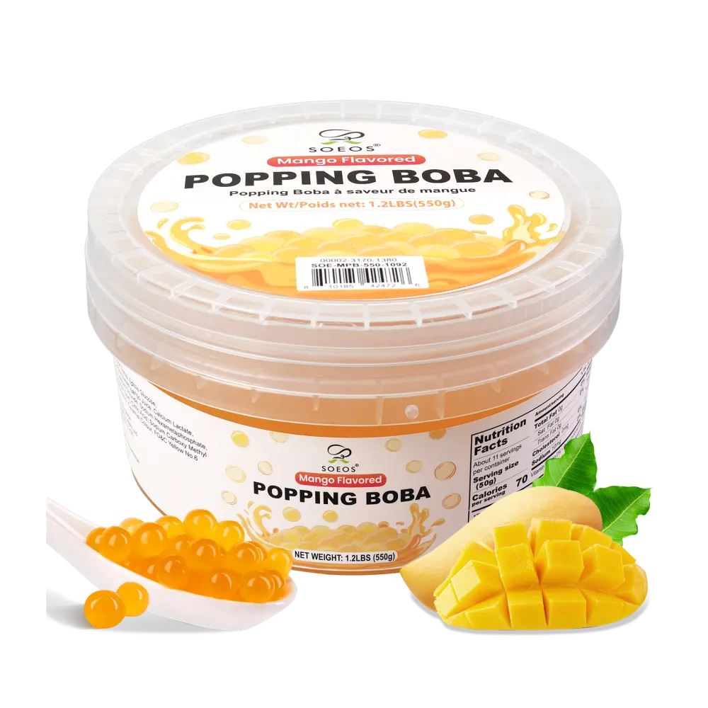 Soeos Mango Popping Boba, 550g – Bursting Boba Pearls for Bubble Tea, Frozen Yogurt, Desserts & Drinks