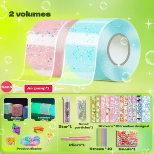 DIY Night Glow Nano Tape Set, 3m Double-Sided Adhesive Plastic Tape, Two Sided Decorative Tape, Includes Air Pump, Straw, Tweezers, Stickers, Perfect for Party Gifts