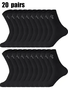 20-Pair Men's Socks: Mid-Calf Socks with Cross Pattern - Simple and Versatile for Everyday Wear Solid-Color Men's Mid-Calf Socks, Suitable for All Seasons Casual Daily Socks