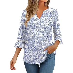 3/4 Length Sleeve Womens Tops Summer Ruffle Sleeve Blouses V-Neck Lace T-Shirts Dressy Casual