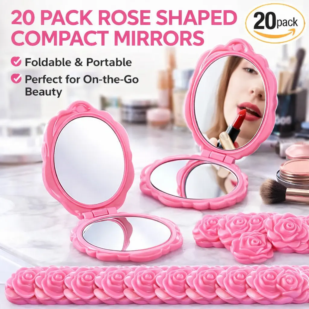 20pcs Pink Plastic Rose-Shape Compact Mirrors - Mini Portable Specialty Kitchen Utensils, Pocket Mirrors for Handbags, Bridesmaids Gifts
