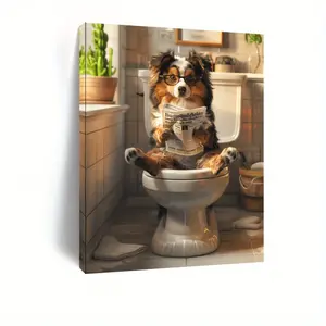 1 Whimsical Australian Shepherd Dog Bathroom Canvas Print with Frame and Can Be Hung Directly-Vintage Style Bedroom and Home Decorative Wall Art, Perfect Gift for Pet Lovers, Bathroom Decoration