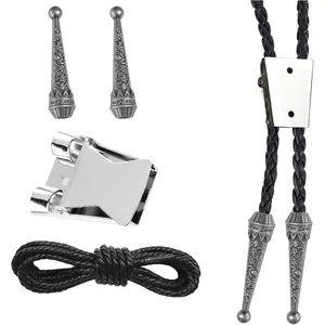 NIIIYTYB 4PCS Bolo Tie Kit Leather Rope with Silver Clasp Supplies Braided Cord Chain and Pendants for Men Western Style Buckle Tips Brown Paracord Accessories for Ties and Pendants