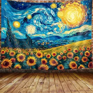 Sunflower Starry Night Art Tapestry Aesthetic, Vintage Fantasy Nature Oil Painting Tapestry Wall Hanging for Bedroom, Fall Flower Tapestries Poster Blanket College Dorm Home Decor 60X40 Inches