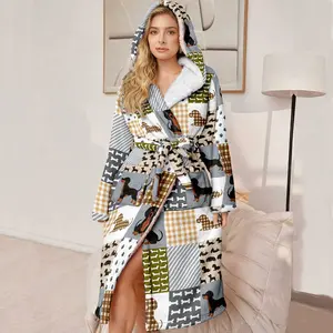 Plus Size Bathrobe, Hooded Luxury Bathrobe, Ultra Comfortable Plush Robe with Dog and Check Pattern, Belt and Pockets, Winter Gift